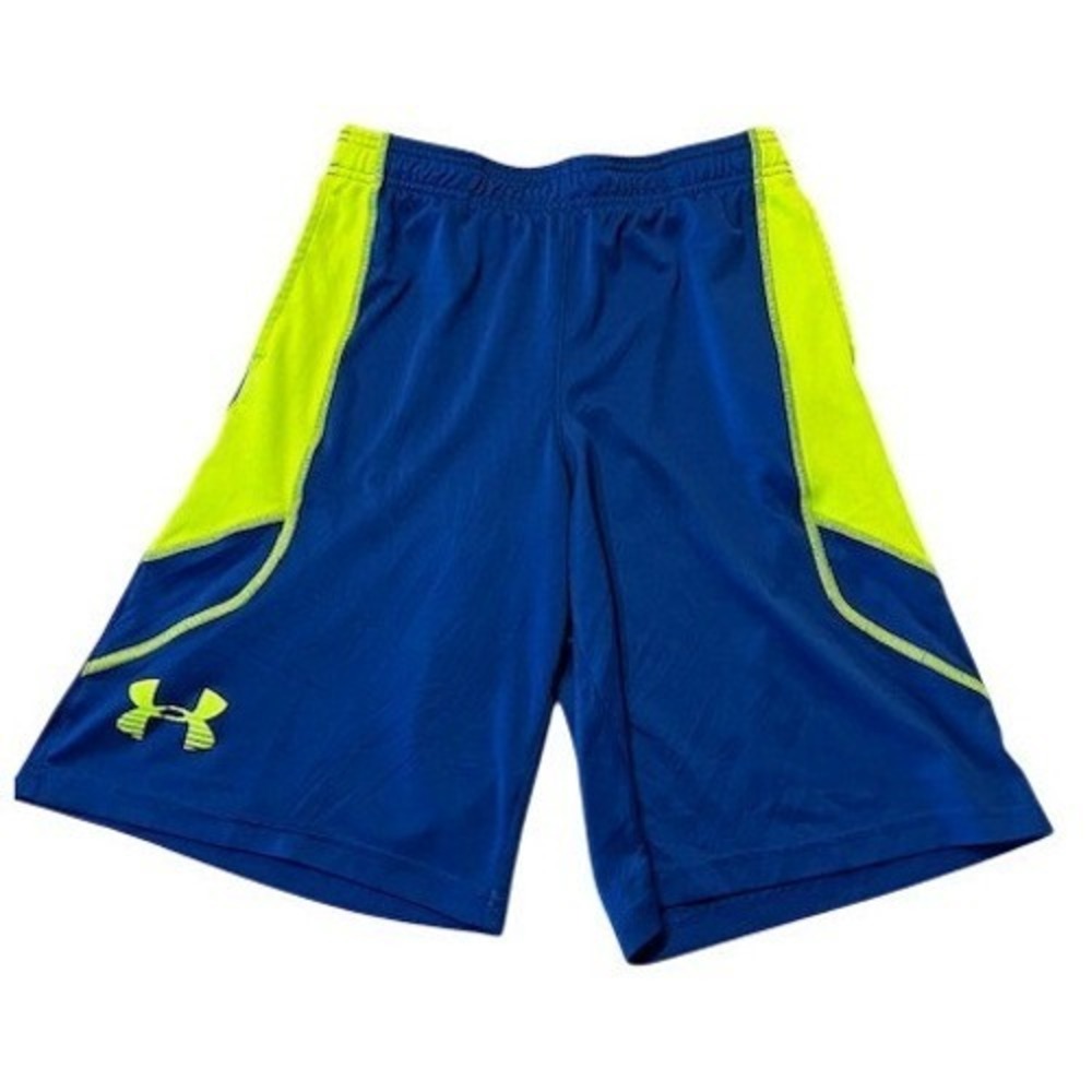 Under Armour Boys Athletic Shorts Blue Neon Green Logo Youth Sport Gym